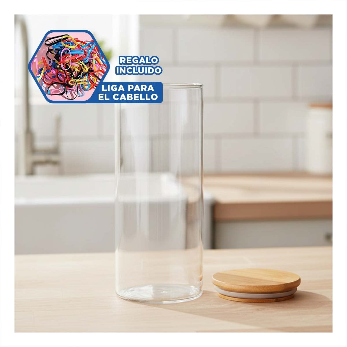 TARRO DE VIDRIO CIRCULAR 700ML TRANSPARENTE CON TAPA MADERA HERMETICA COCINA YLIGAS REGALO - 2
