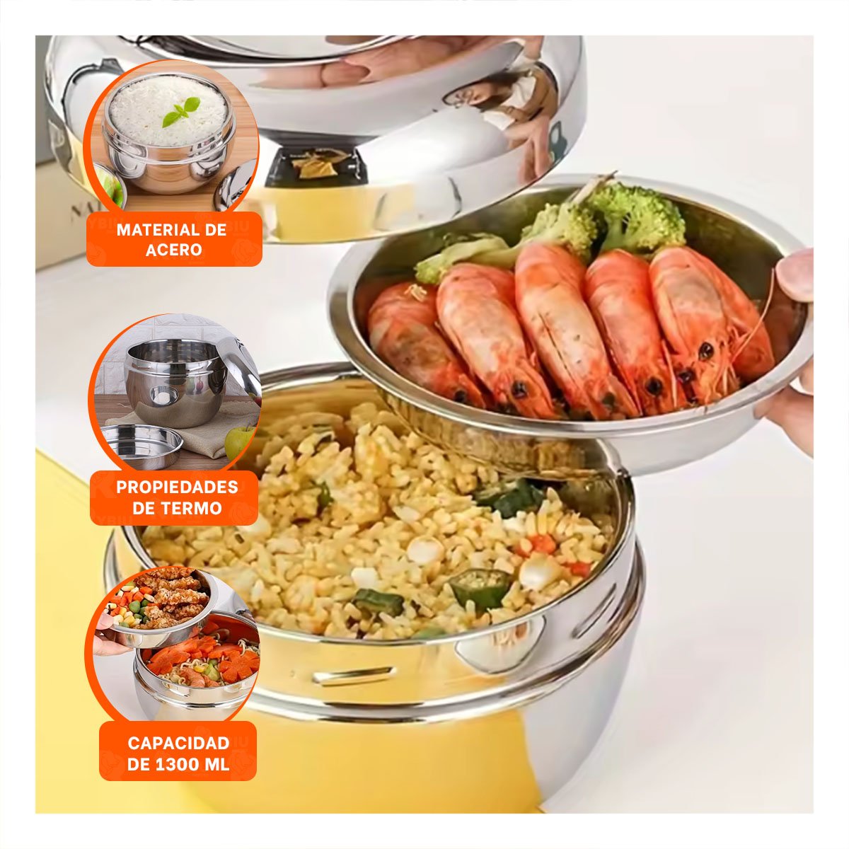 RECIPIENTE TERMICO CIRCULAR 1300ML DE ACERO PLATEADO PARA COCINA - 3