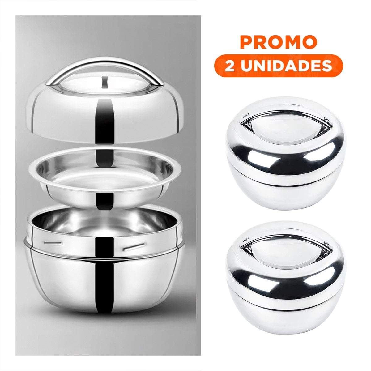 PACK2 TAPER TERMICO CIRCULAR 1300ML DE ACERO PLATEADO PORTATIL PARA COCINA YREGALO STICKER - 1