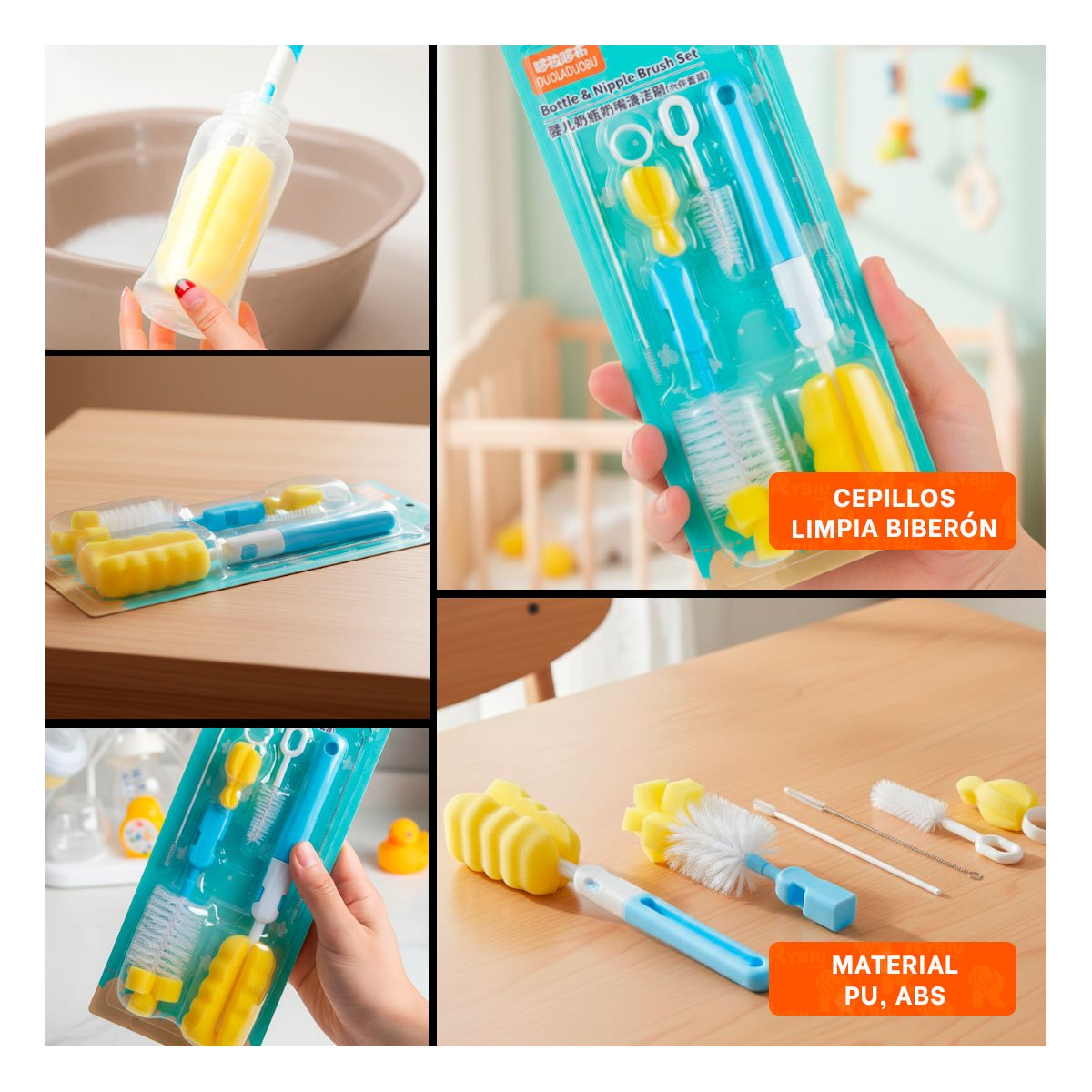 PACK4 ESCOBILLON PARA LIMPIEZA RAPIDA DE BIBERONES 6PZS BASE CELESTE YREGALO STICKER - 2