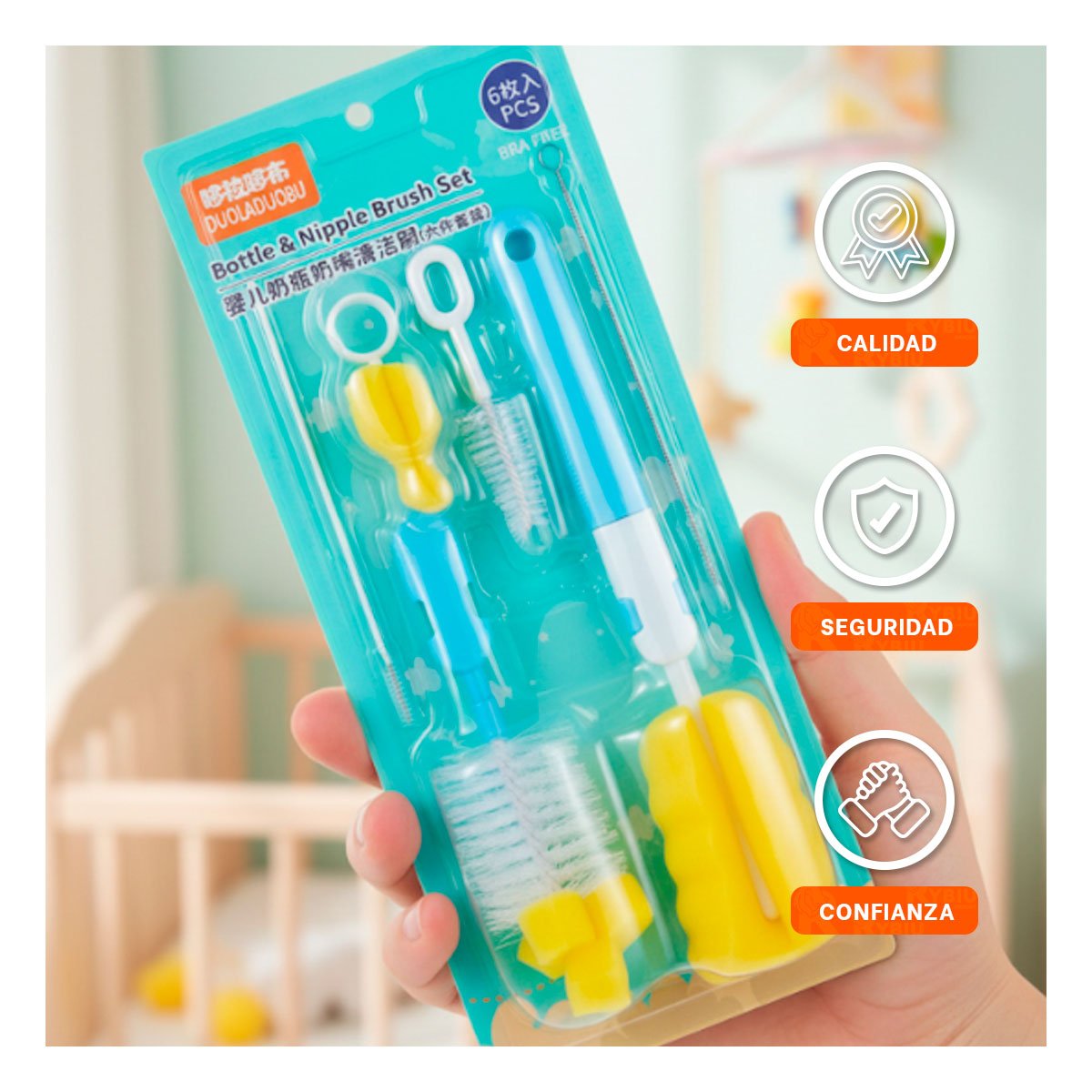 PACK4 ESCOBILLON PARA LIMPIEZA RAPIDA DE BIBERONES 6PZS BASE CELESTE YREGALO STICKER - 5