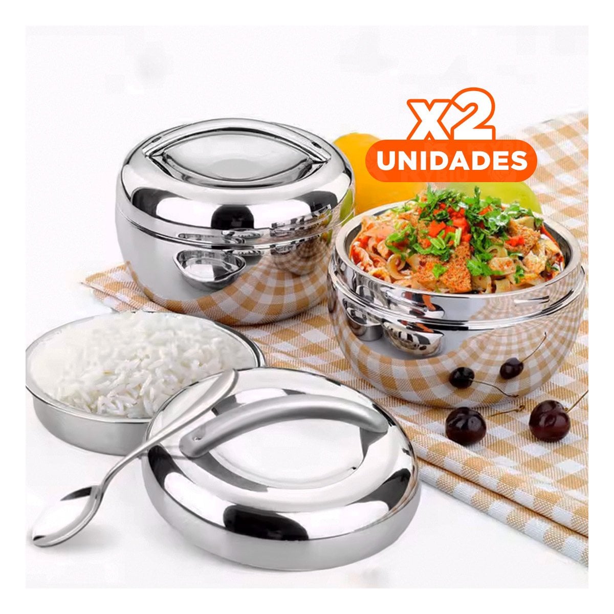 PACK2 TAPER TERMICO CIRCULAR 1300ML DE ACERO PLATEADO PARA COCINA - 1
