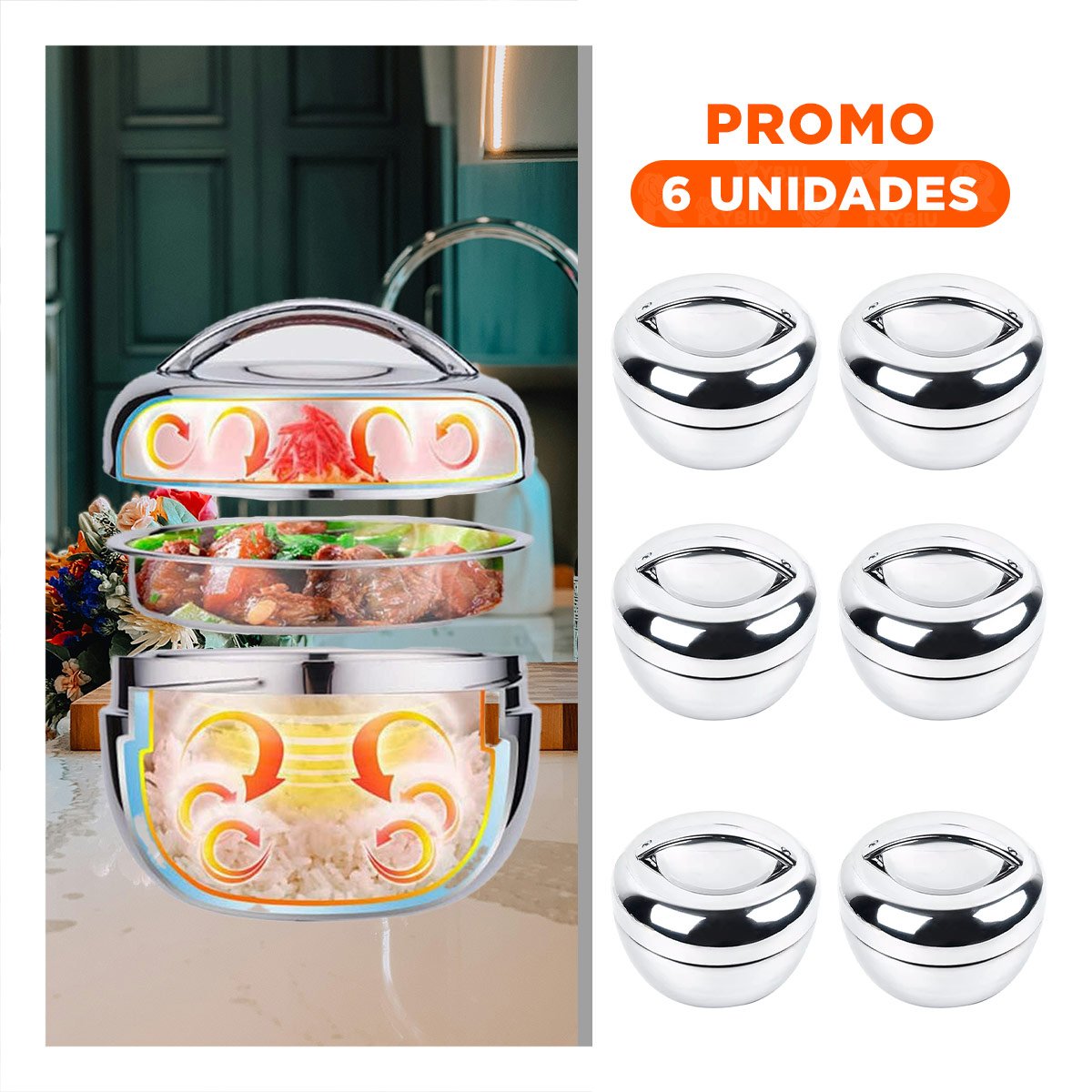 PACK6 LONCHERA TERMICA CIRCULAR 1300ML DE ACERO PLATEADO PORTATIL PARA OFICINA YREGALO STICKER - 1