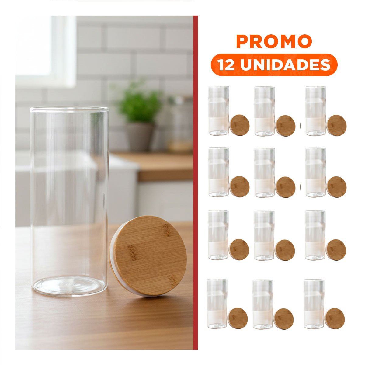 PACK12 TARRO HERMETICO DE VIDRIO 700ML TRANSPARENTE CON TAPA MADERA - 1
