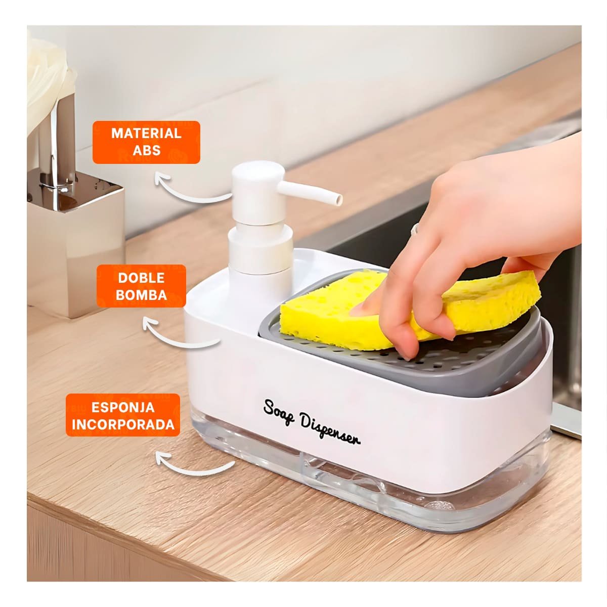 DOSIFICADOR DOBLE DE JABON LIQUIDO LAVAVAJILLA PARA COCINA HOGAR BLANCO - 3