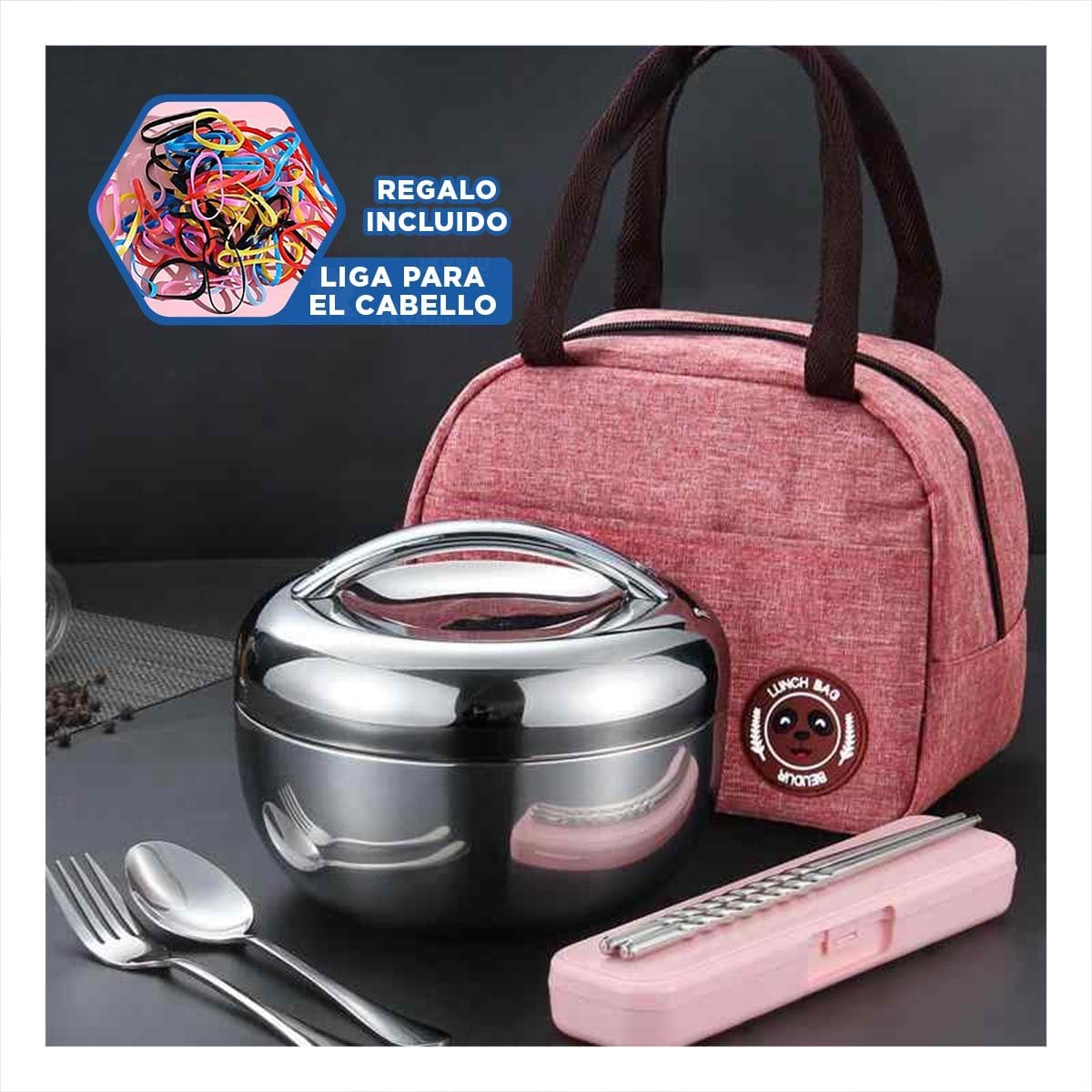 PORTA COMIDA TERMICO CIRCULAR 1300ML DE ACERO PLATEADO RESISTENTE PARA COCINA YLIGAS REGALO - 2