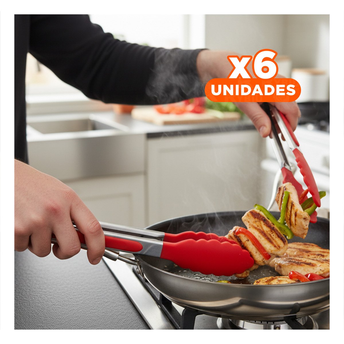 PACK6 TENAZA RESISTENTE 21CM EN ROJO PARA COCINA Y HOGAR PRACTICO - 1