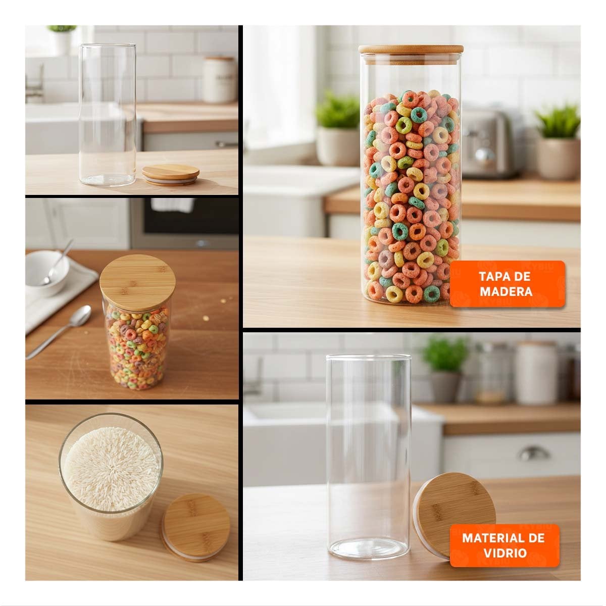 BOTE DE VIDRIO CIRCULAR 700ML TRANSPARENTE CON TAPA MADERA PARA HOGAR YPOST IT - 2