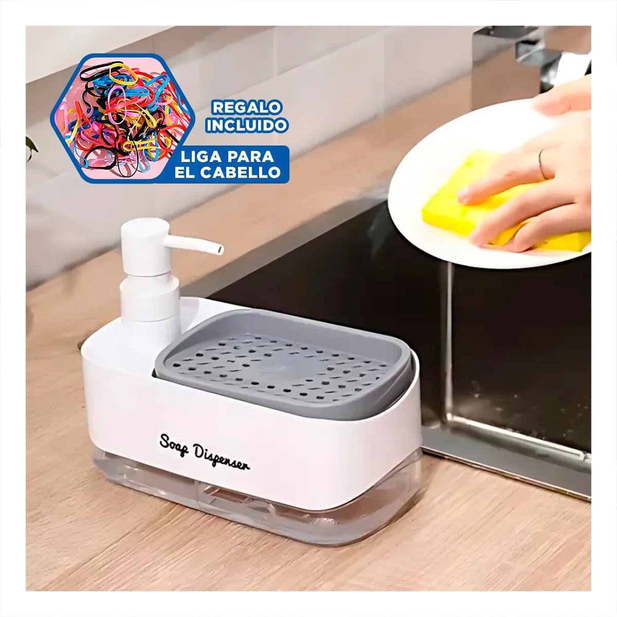 DISPENSADOR DOBLE DE JABON LIQUIDO LAVAVAJILLA PARA COCINA HOGAR MODERNO BLANCO YLIGAS REGALO - 2