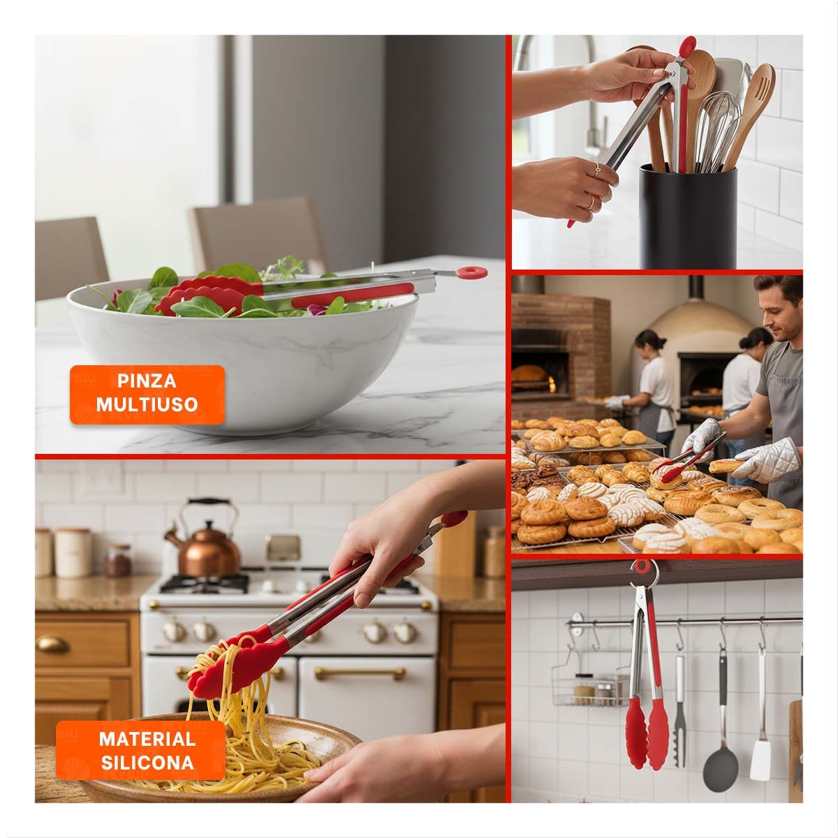PACK2 TENAZA DE COCINA 21CM EN ROJO PARA HOGAR USO DIARIO PRACTICO YPAPEL REGALO - 3