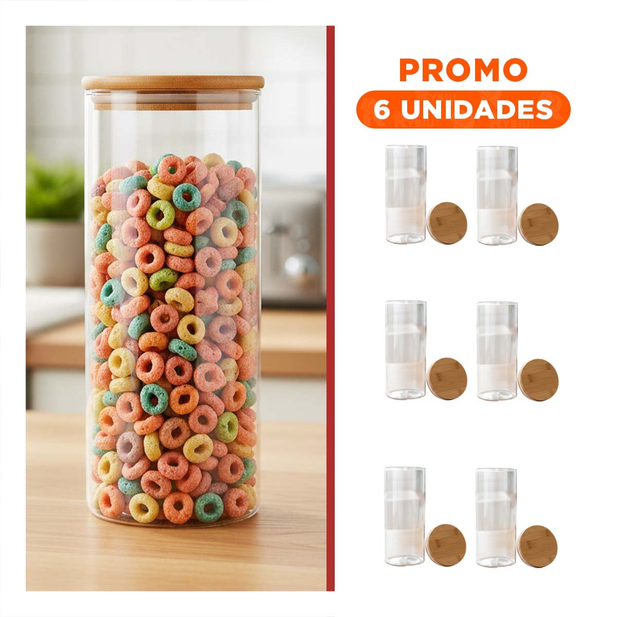 PACK6 CONTENEDOR HERMETICO DE VIDRIO 700ML TRANSPARENTE CON TAPA MADERA YREGALO STICKER - 1