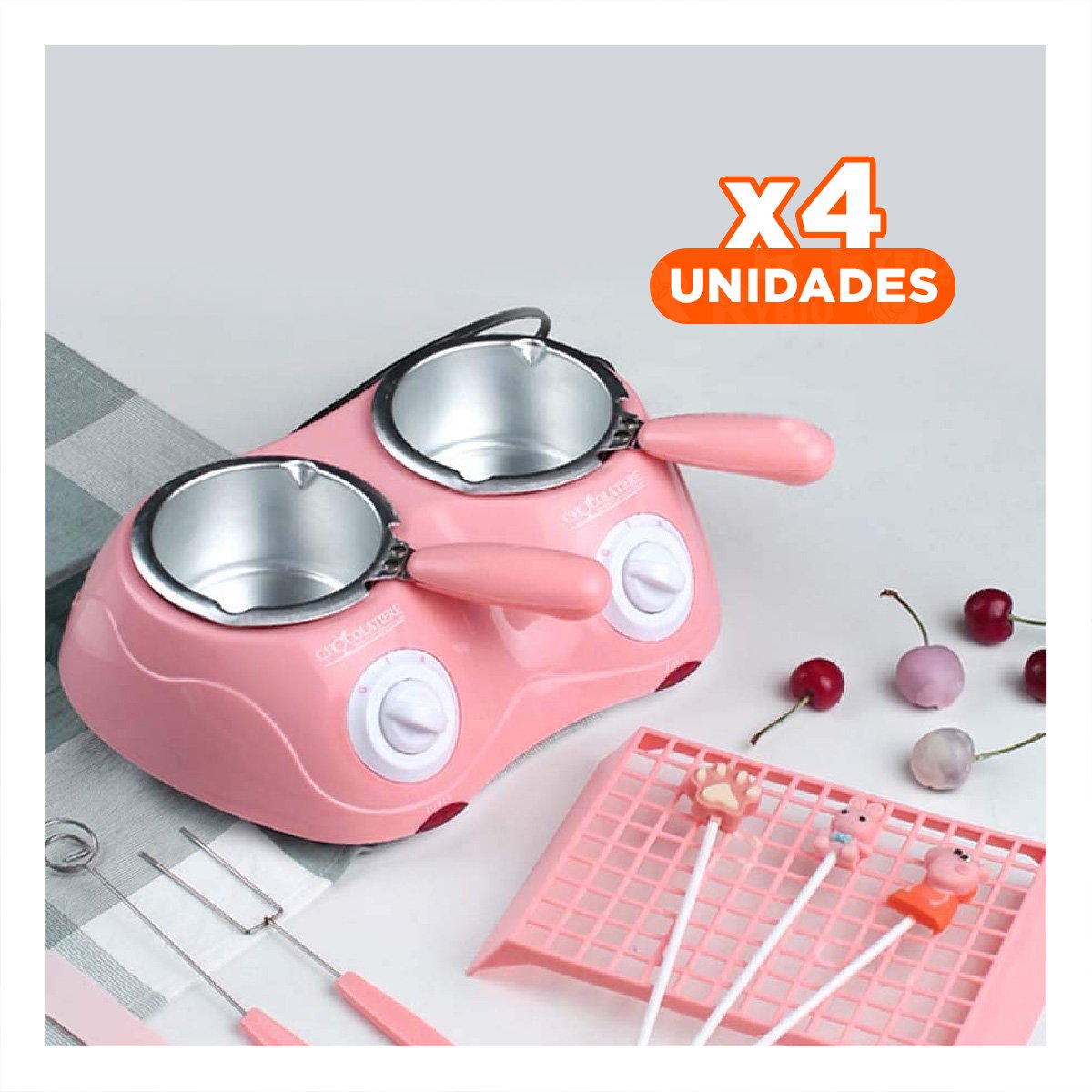 PACK2 RECIPIENTE DOBLE PARA CHOCOLATE CON ACCESORIOS EN COLOR ROSADO PARA HOGAR YPAPEL REGALO - 1