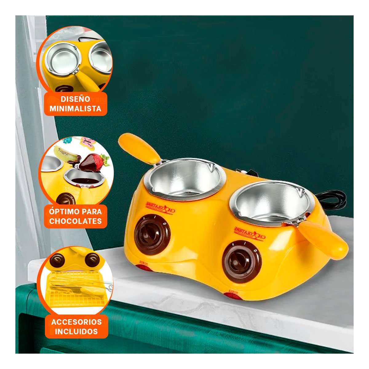 PACK2 OLLA CHOCOLATERA DOBLE CON ACCESORIOS AMARILLO PARA CASA Y COCINA - 5