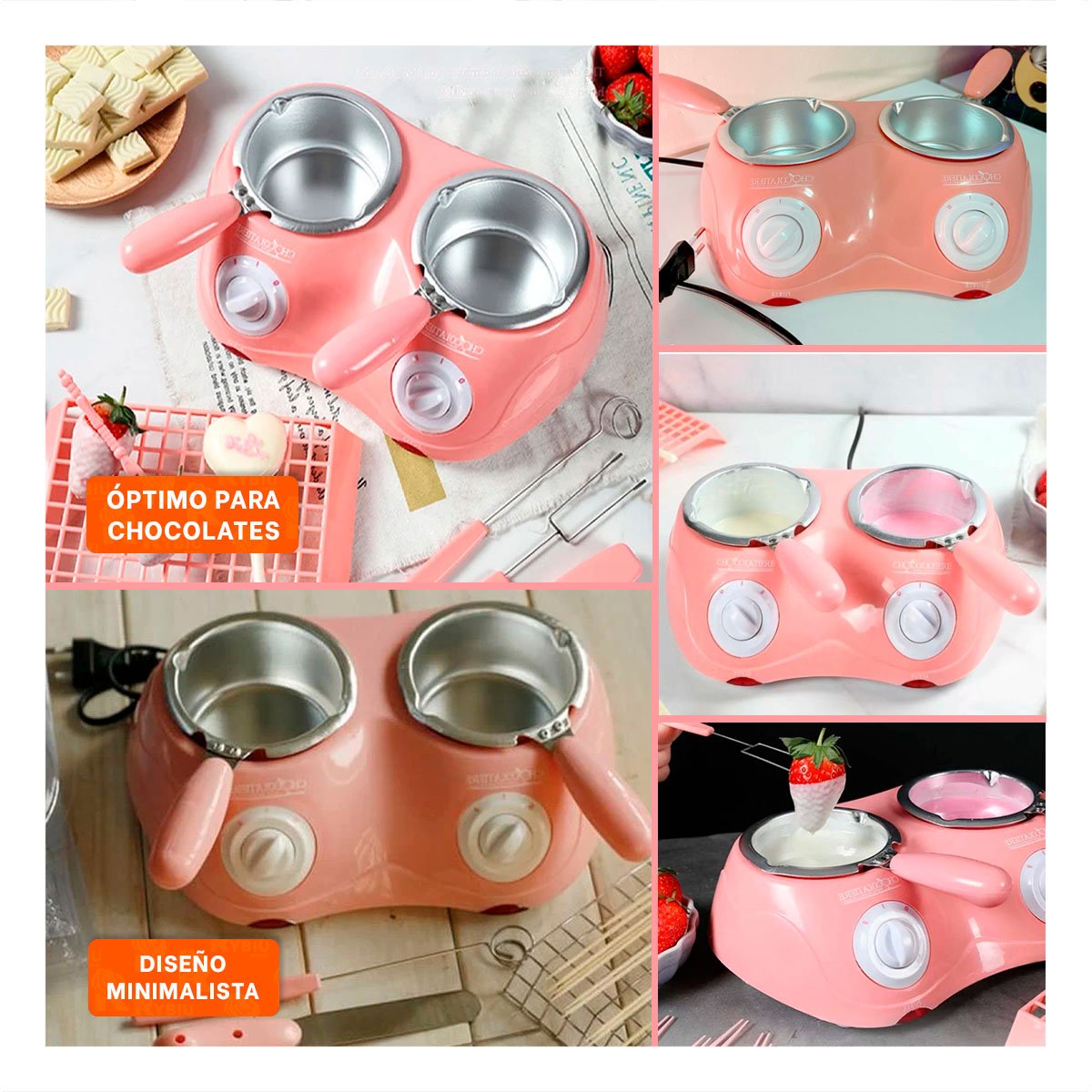 CACEROLA CHOCOLATERA DOBLE CON ACCESORIOS EN COLOR ROSADO PARA HOGAR - 2