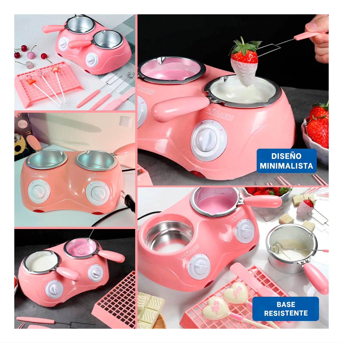 RECIPIENTE CHOCOLATERO DOBLE CON ACCESORIOS EN COLOR ROSADO PARA HOGAR YPAPEL REGALO - 3