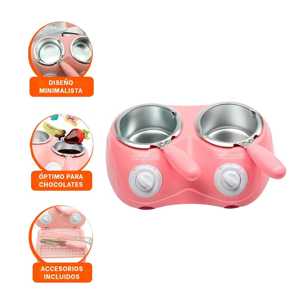 RECIPIENTE CHOCOLATERO DOBLE CON ACCESORIOS EN COLOR ROSADO PARA HOGAR YPAPEL REGALO - 5