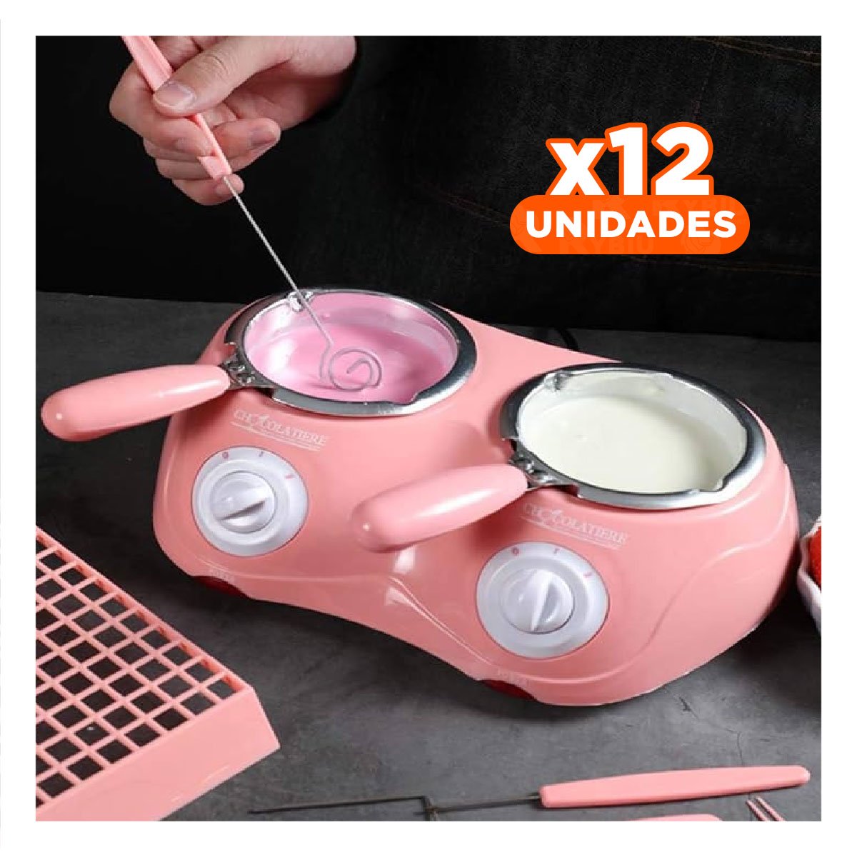 PACK6 CALDERO PARA CHOCOLATE CALIENTE DOBLE CON ACCESORIOS EN ROSADO YPAPEL REGALO - 1