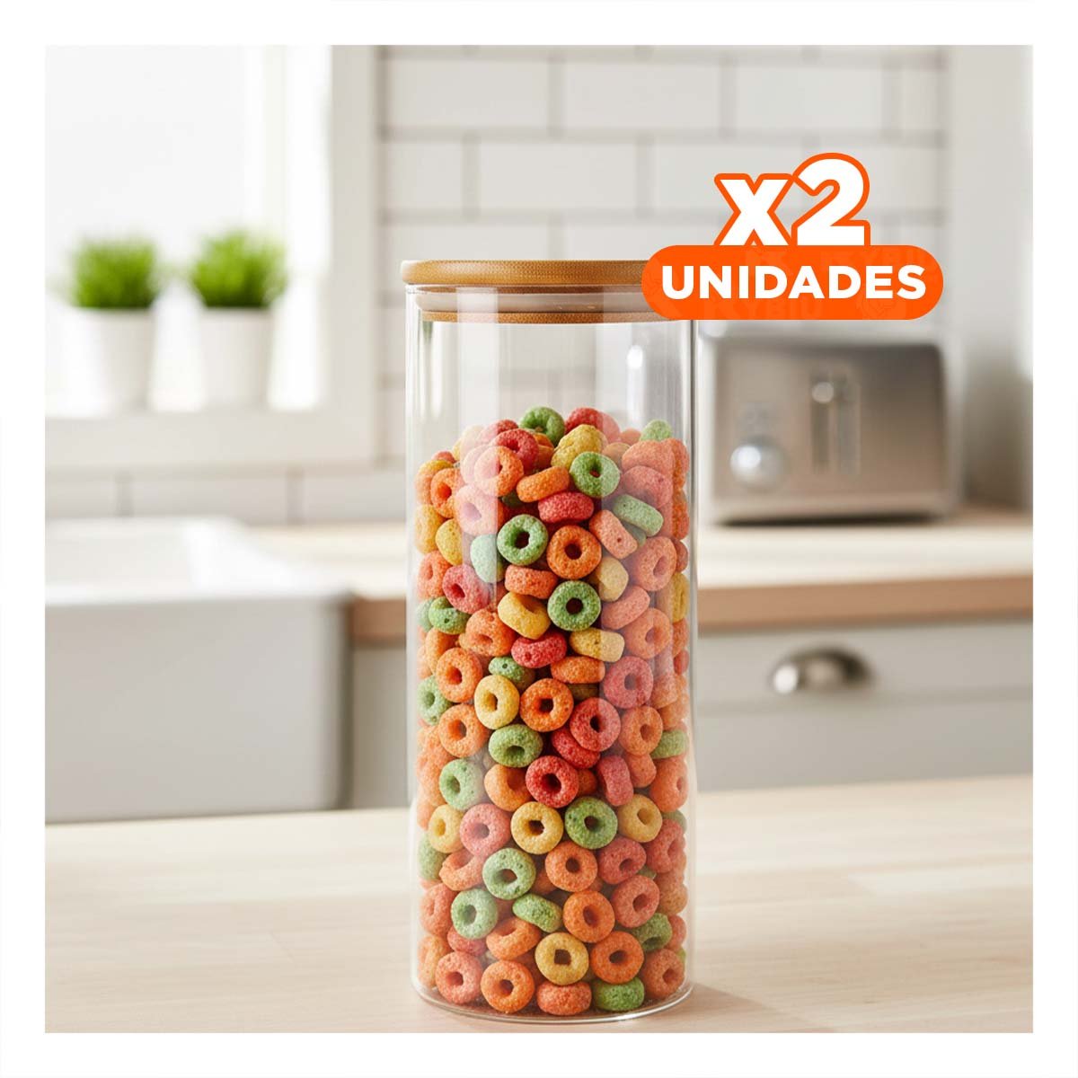 PACK2 FRASCO DE VIDRIO CIRCULAR 700ML TRANSPARENTE CON TAPA MADERA COCINA - 1