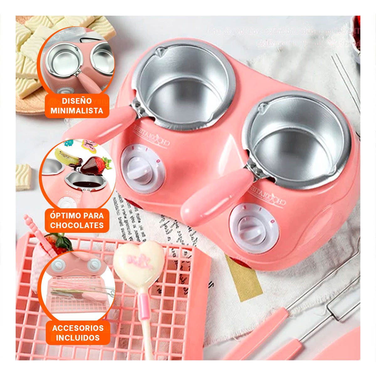 PACK4 CACEROLA PARA CHOCOLATE CALIENTE DOBLE CON ACCESORIOS EN ROSADO YREGALO STICKER - 5