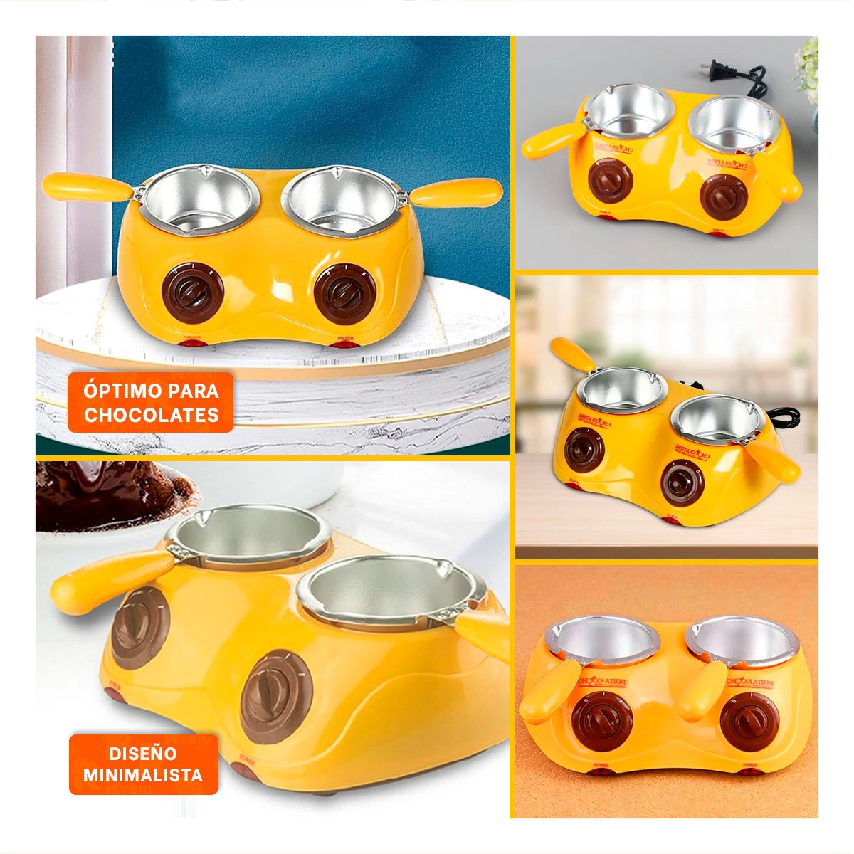 PACK6 CACEROLA DE COCINA CHOCOLATERA DOBLE CON ACCESORIOS AMARILLO YPAPEL REGALO - 3