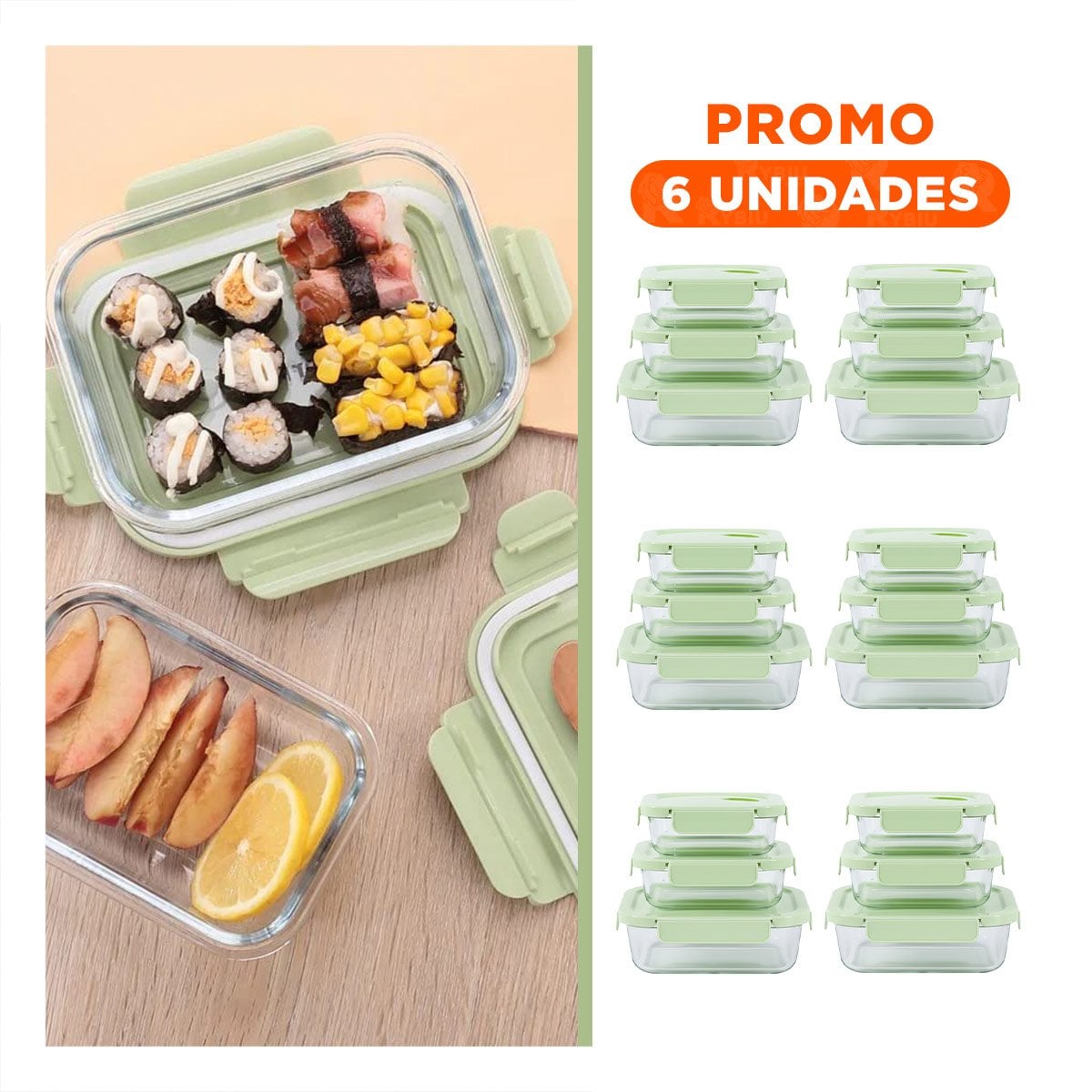 PACK6 PORTACOMIDAS DE VIDRIO RECTANGULAR CON TAPA VERDE PACK DE 3 HOGAR YREGALO STICKER - 1