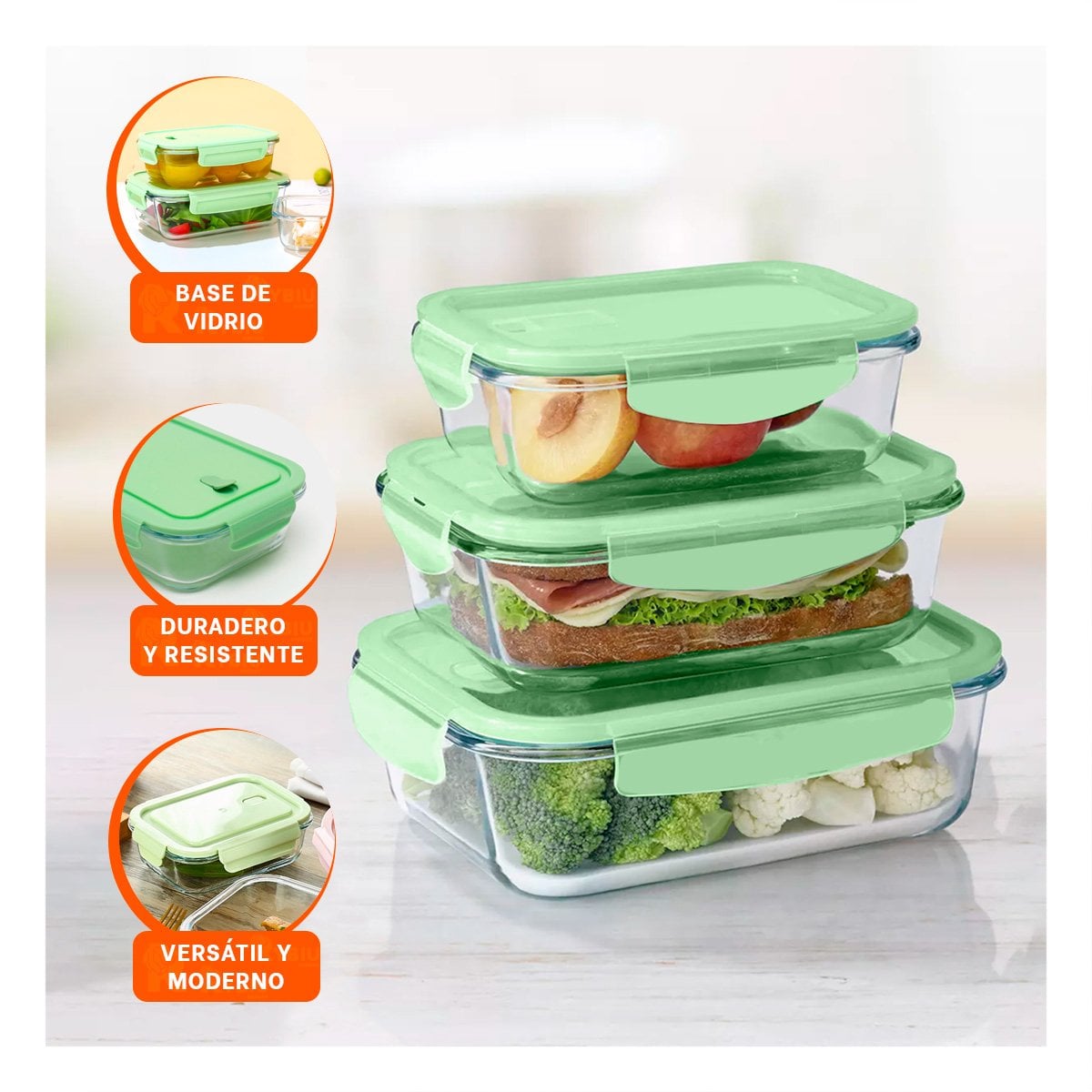 PACK6 PORTACOMIDAS DE VIDRIO RECTANGULAR CON TAPA VERDE PACK DE 3 HOGAR YREGALO STICKER - 5