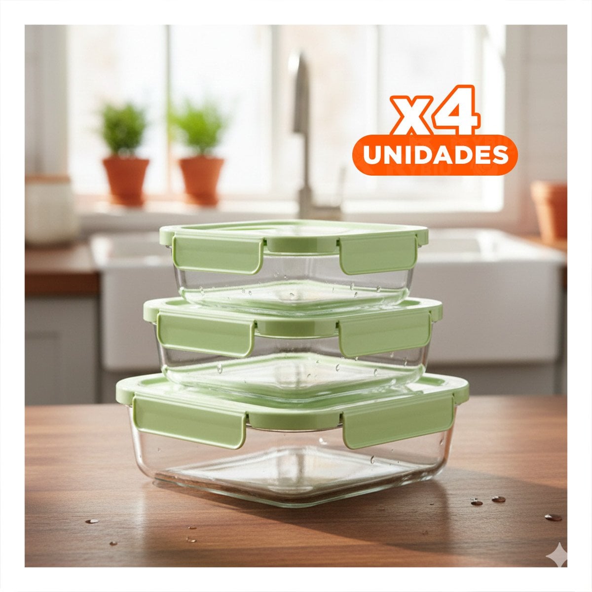 PACK4 DEPOSITOS DE VIDRIO RECTANGULAR CON TAPA VERDE SET DE 3 COCINA YPAPEL REGALO - 1
