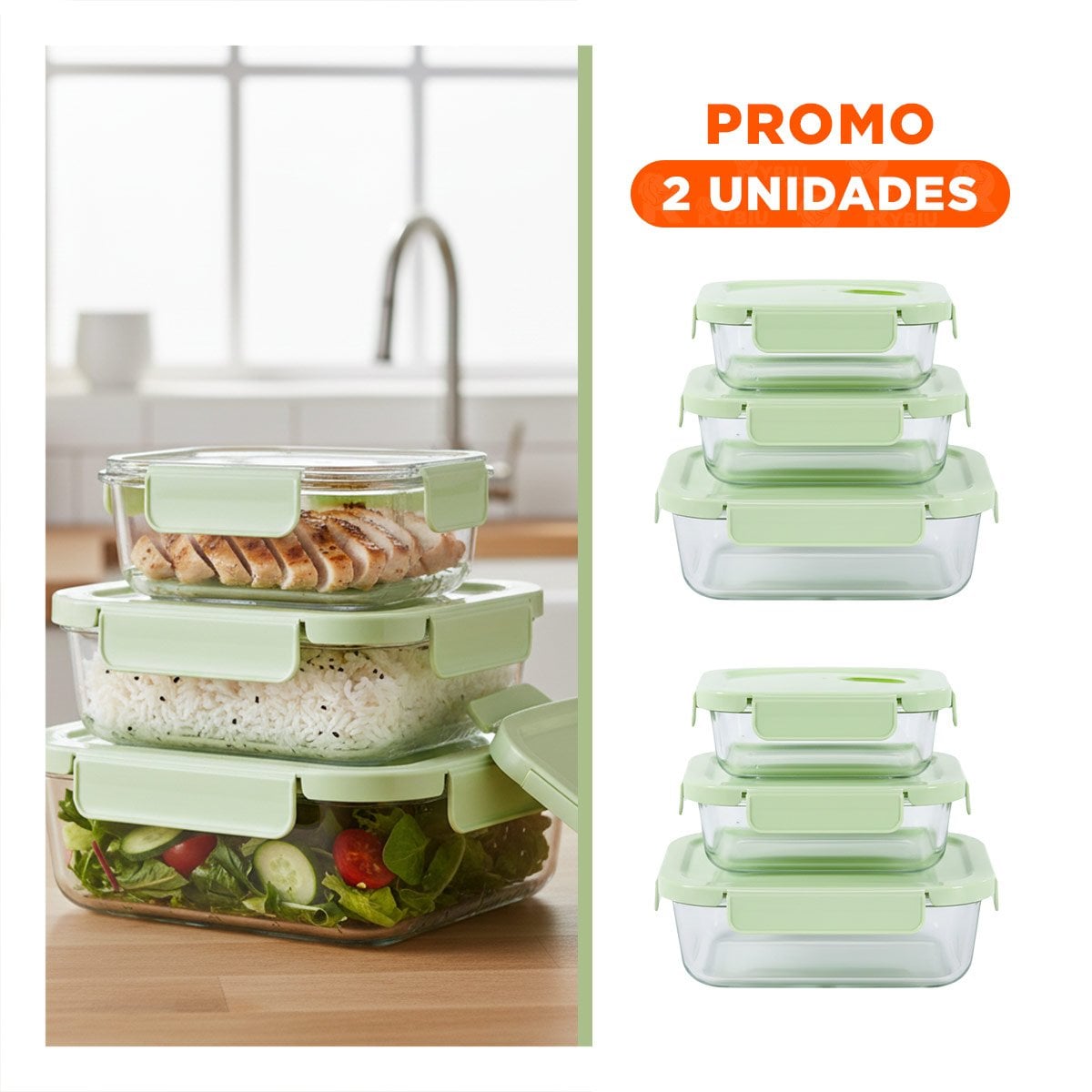 PACK2 RECIPIENTES DE VIDRIO RECTANGULAR CON TAPA VERDE SET DE 3 PARA COCINA - 1