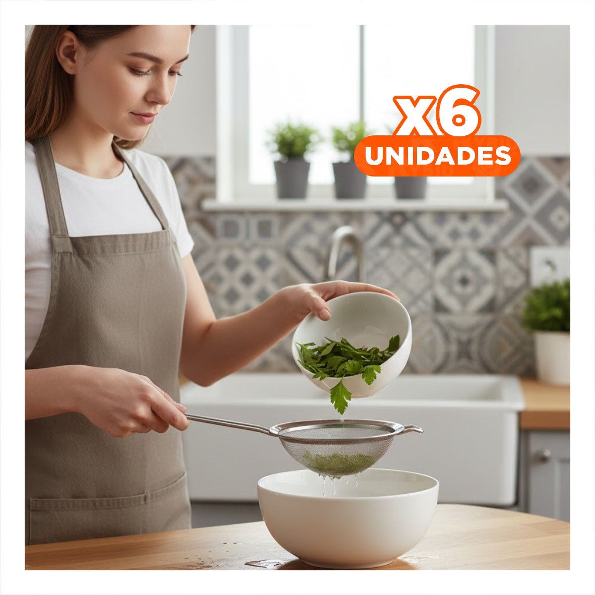 PACK6 FILTRO METALICO CON MANGO LARGO PARA COCINA DE ACERO PLATEADO - 1