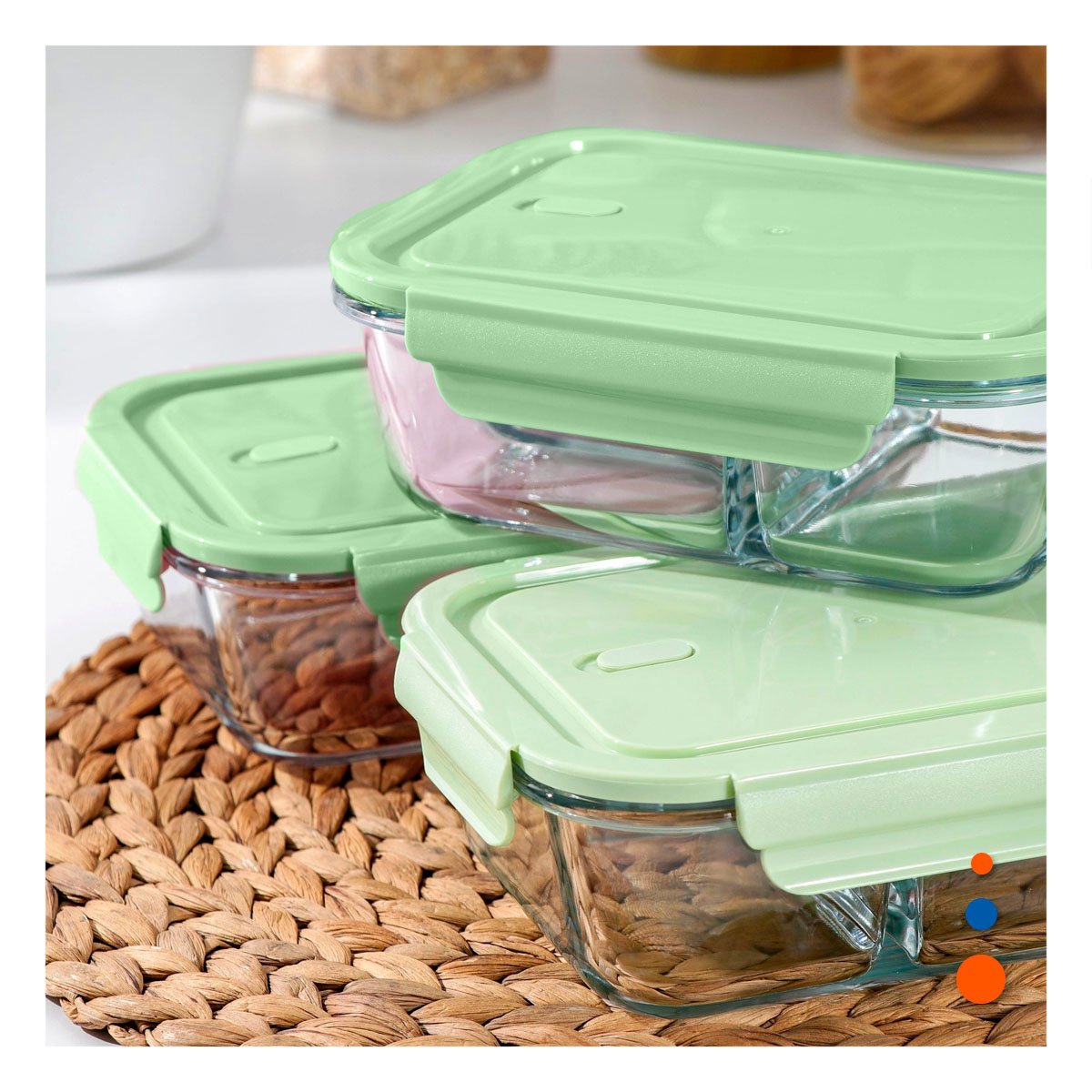 KIT DE 3 CONTENEDORES DE VIDRIO RECTANGULAR CON TAPA VERDE COCINA YREGALO STICKER - 2