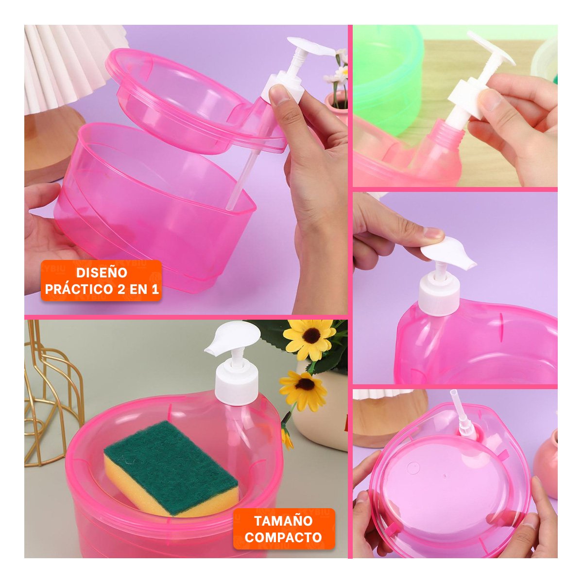 PACK2 RECIPIENTE DOSIFICADOR PARA JABON LAVAVAJILLA CIRCULAR ROSADO YPAPEL REGALO - 3