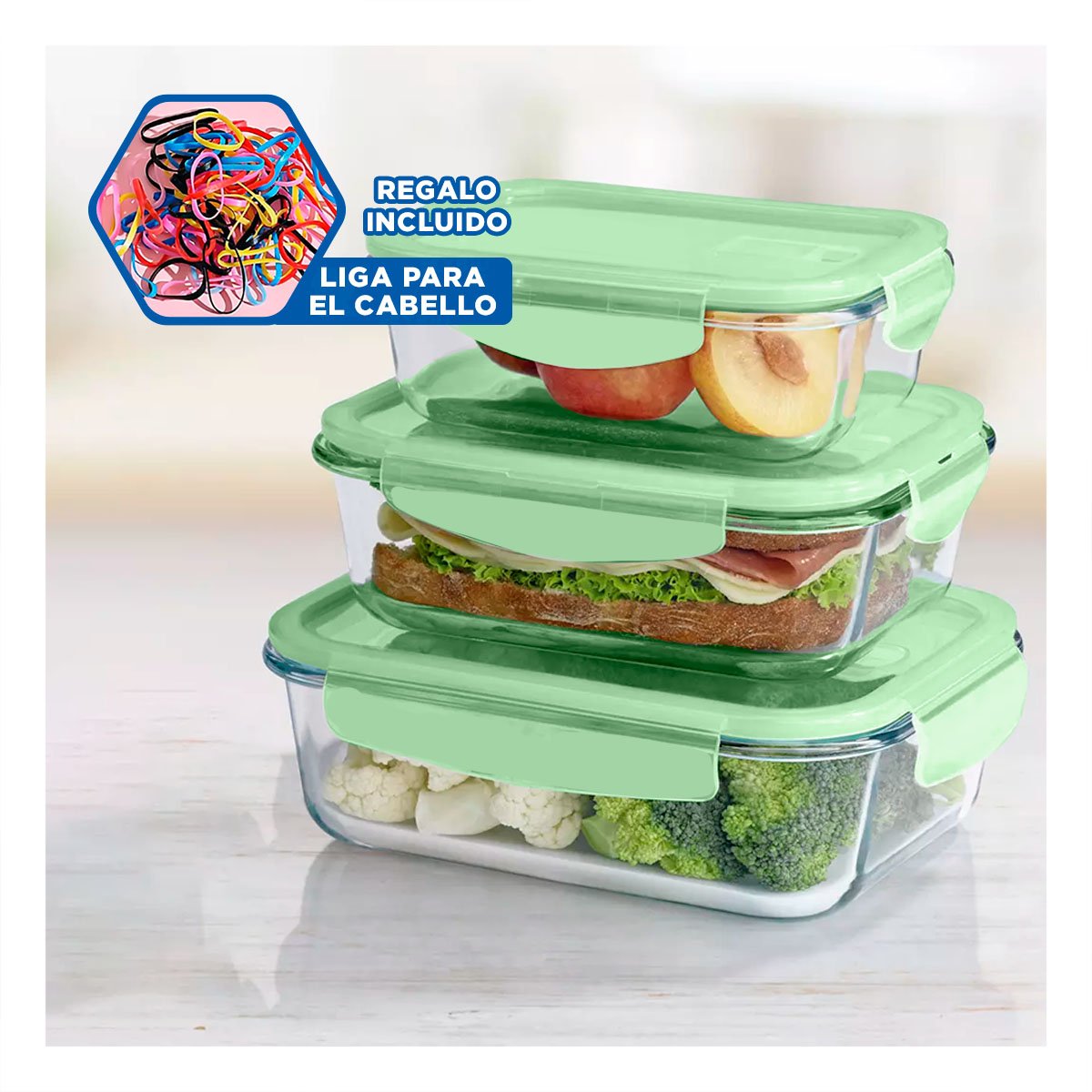 COMBO DE 3 TAPERAS DE VIDRIO RECTANGULAR CON TAPA VERDE HERMETICA PARA COCINA YLIGAS REGALO - 2