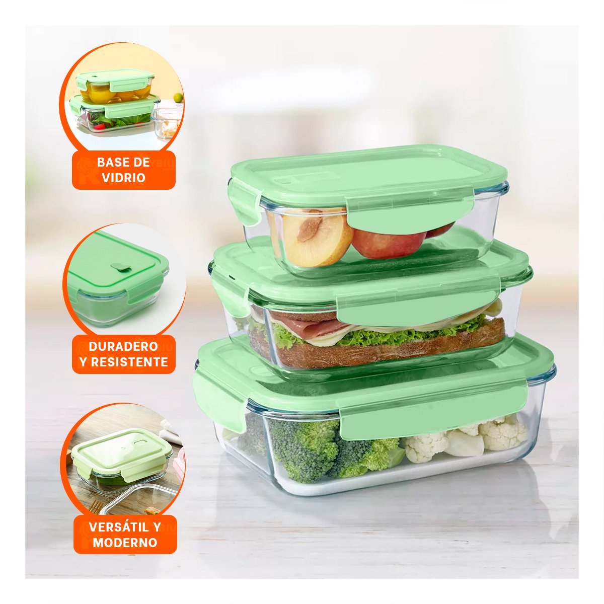 PACK DE 3 ENVASES DE VIDRIO RECTANGULAR CON TAPA VERDE PARA HOGAR YPAPEL REGALO - 2