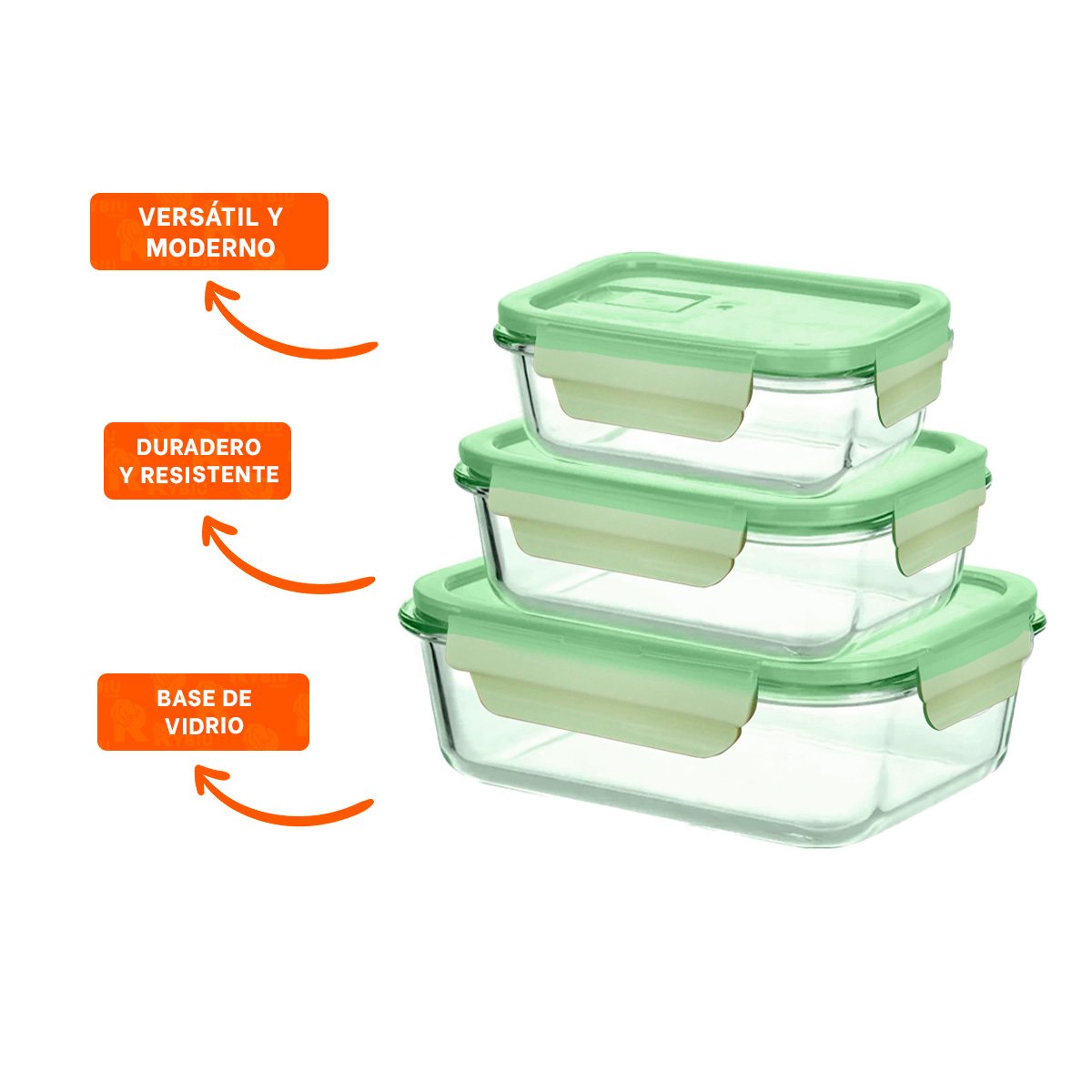 PACK DE 3 ENVASES DE VIDRIO RECTANGULAR CON TAPA VERDE PARA HOGAR YPAPEL REGALO - 5