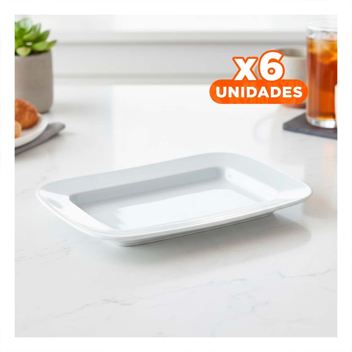 PACK6 PIEZA DE LOZA RECTANGULAR CON BORDE CURVO BLANCO PARA CASA - 1