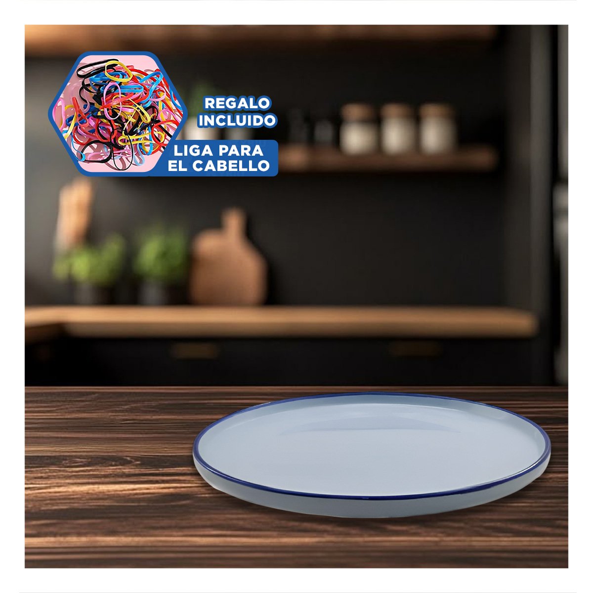 VAJILLA CIRCULAR CON BORDE AZUL PARA SERVICIO DIARIO EN HOGAR Y COMEDOR YLIGAS REGALO - 2