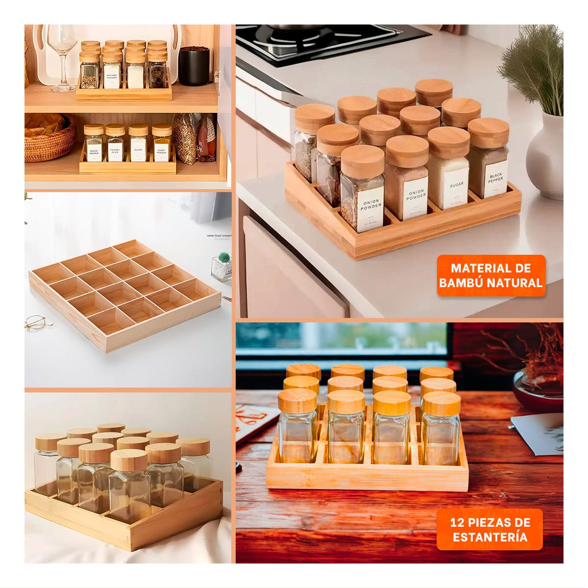 PACK4 CONDIMENTERO FUNCIONAL CON 12 FRASCOS Y BASE PARA COCINA YREGALO STICKER - 2
