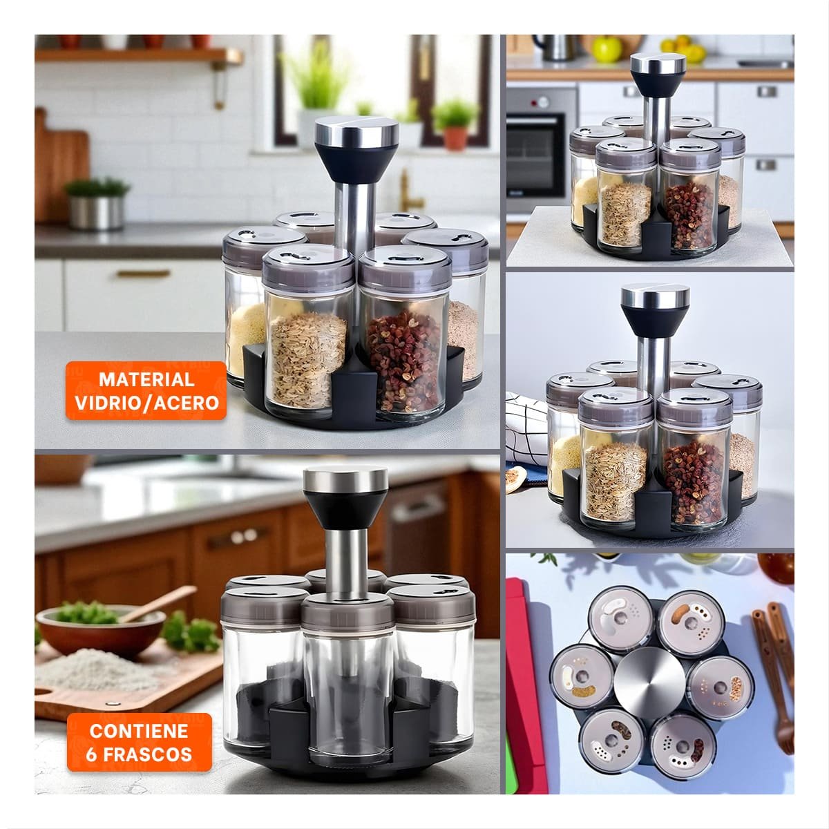 PACK2 SOPORTE DE ESPECIAS GIRATORIO CON 6 FRASCOS TAPA PLANA PLATEADO YPAPEL REGALO - 3