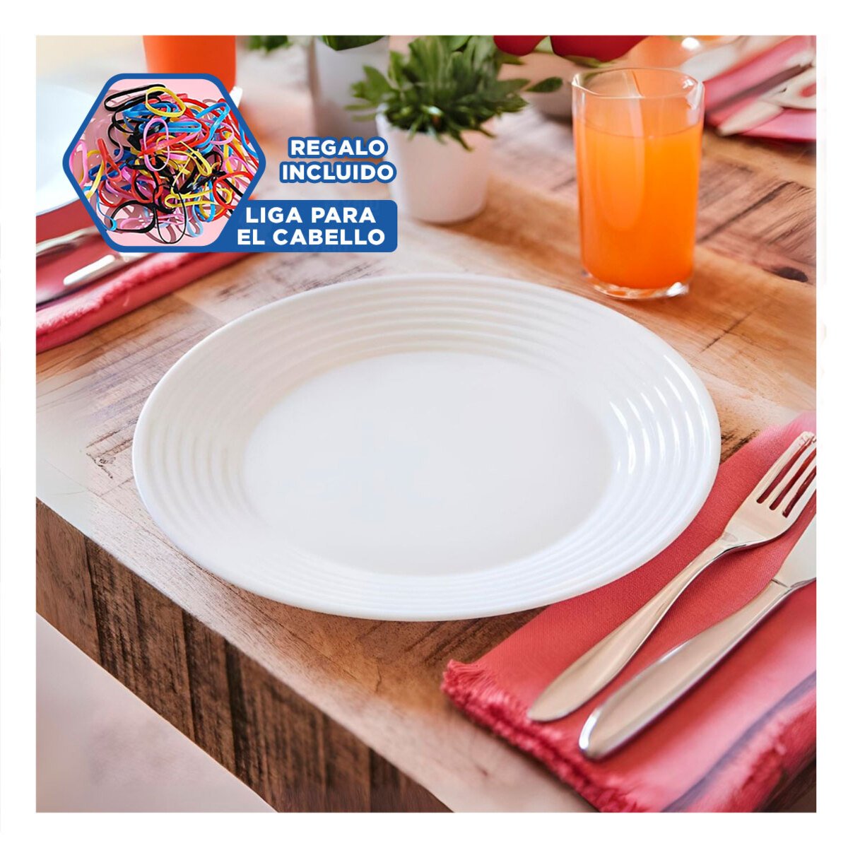 VAJILLA CIRCULAR CON BORDE A RAYAS PARA SERVICIO DIARIO EN HOGAR Y COMEDOR YLIGAS REGALO - 2