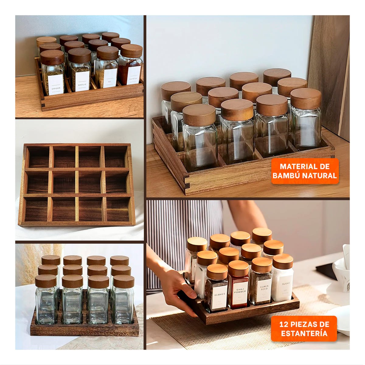 ESPECIERO CON BANDEJA Y 12 FRASCOS PARA COCINA Y MESA FAMILIAR YPAPEL REGALO - 3