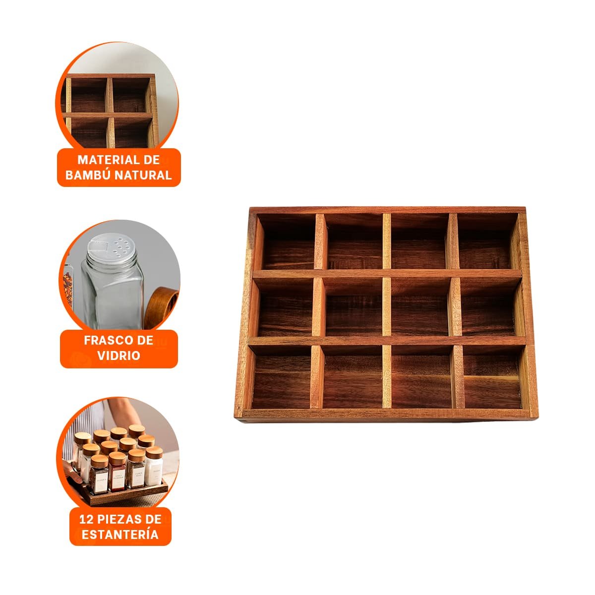 ESPECIERO CON BANDEJA Y 12 FRASCOS PARA COCINA Y MESA FAMILIAR YPAPEL REGALO - 5