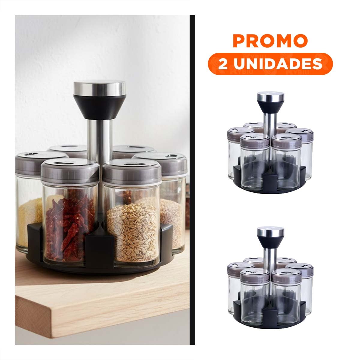 PACK2 ORGANIZADOR DE COCINA GIRATORIO CON 6 FRASCOS TAPA PLANA PLATEADO YREGALO STICKER - 1