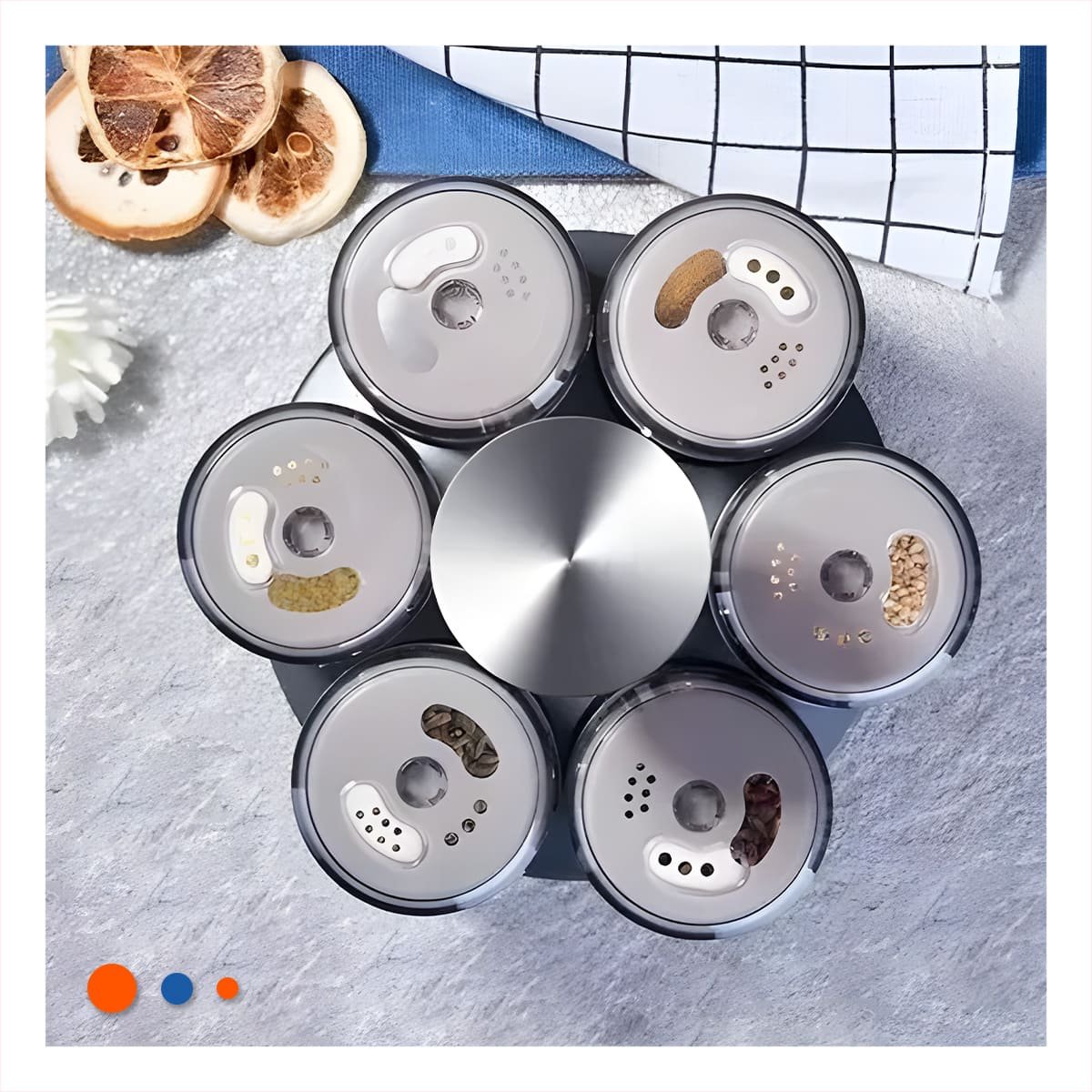 PACK2 ORGANIZADOR DE COCINA GIRATORIO CON 6 FRASCOS TAPA PLANA PLATEADO YREGALO STICKER - 3