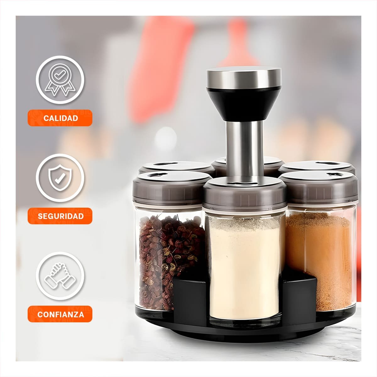 DISPENSADOR DE CONDIMENTOS GIRATORIO CON 6 FRASCOS TAPA PLANA PLATEADO RESISTENTE YPOST IT - 5