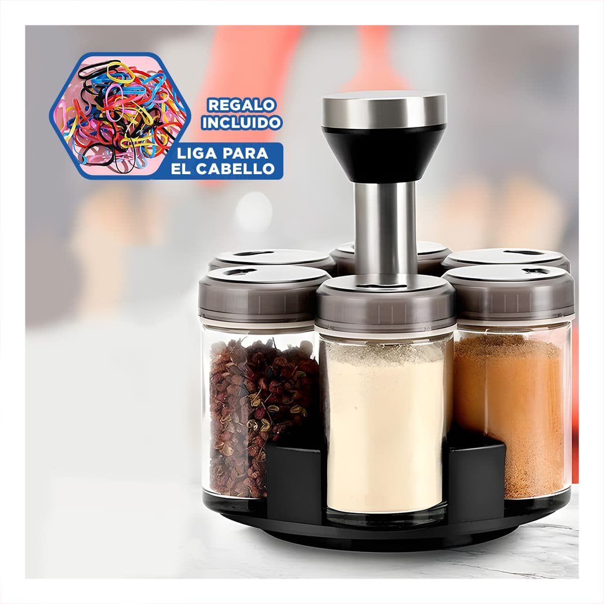 SET ESPECIERO GIRATORIO DE 6 FRASCOS CON TAPA PLANA PLATEADO PARA COCINA YLIGAS REGALO - 2