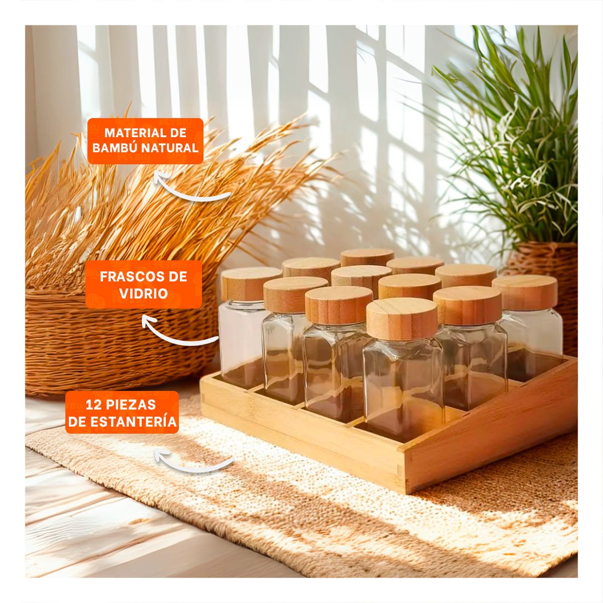 ESPECIERO CON BANDEJA Y 12 FRASCOS PARA COCINA Y MESA FAMILIAR YPAPEL REGALO - 2
