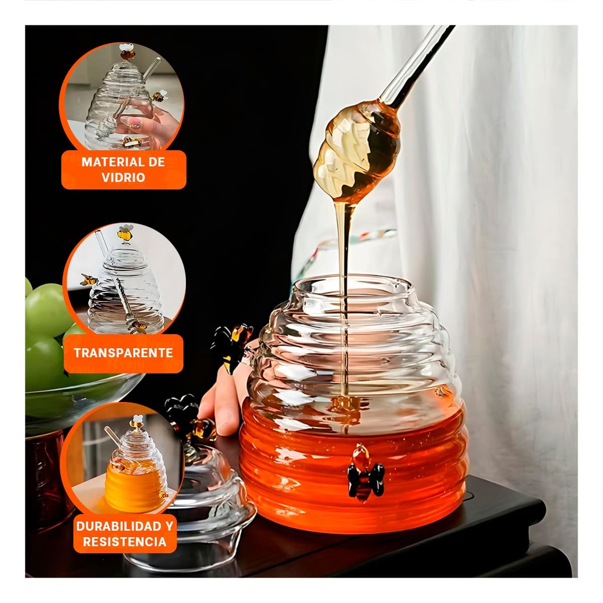 PACK2 FRASCO MIELERO TRANSPARENTE CON PANAL Y ABEJAS PARA COCINA Y DESAYUNO - 5
