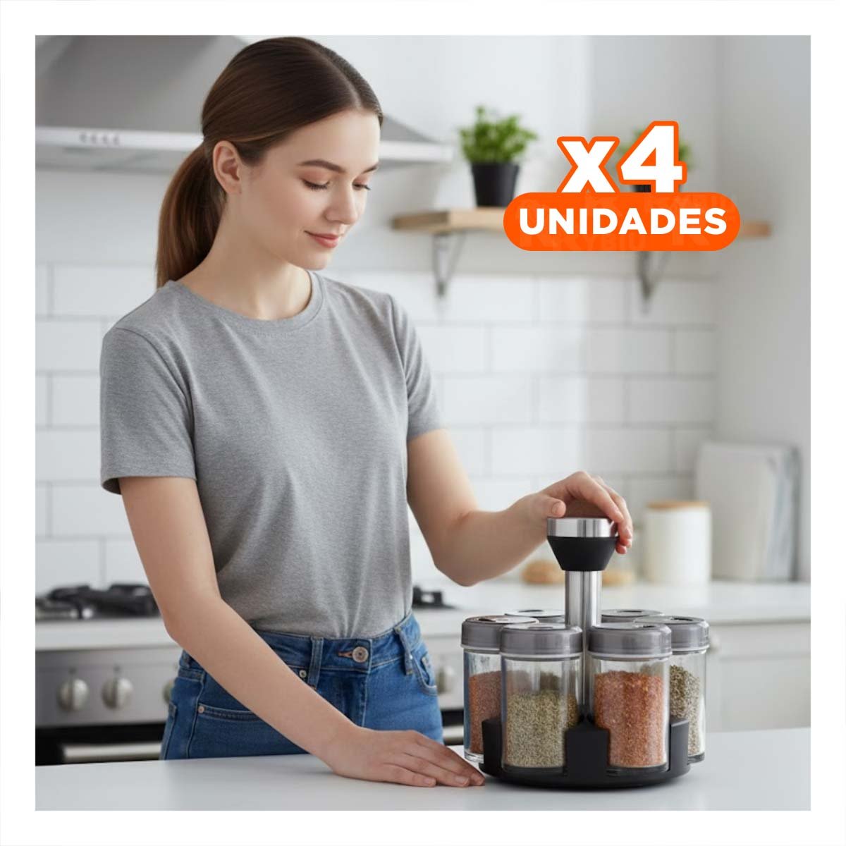 PACK4 CONTENEDOR GIRATORIO DE CONDIMENTOS CON 6 FRASCOS TAPA PLANA PLATEADO YPAPEL REGALO - 1