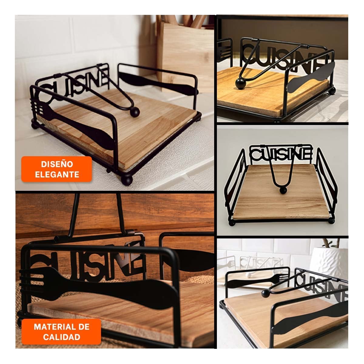 ORGANIZADOR DE SERVILLETAS DE MADERA Y ACERO NEGRO PARA MESA ELEGANTE YLIGAS REGALO - 1