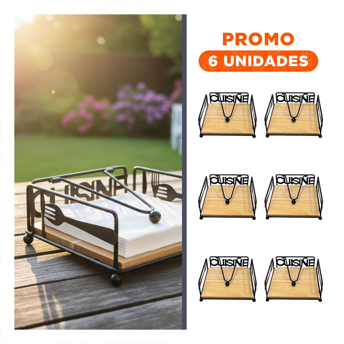 PACK6 ACCESORIO PORTA SERVILLETAS DE MADERA Y ACERO NEGRO YREGALO STICKER - 1